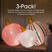 Three decorative balls in pink, white, and striped design on a wooden surface with text about their versatility.